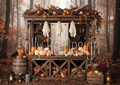 Avezano Rustic Wooden Fall Market Ghost Pumpkin Forest Photography Backdrop Designed By Polly Ro Design