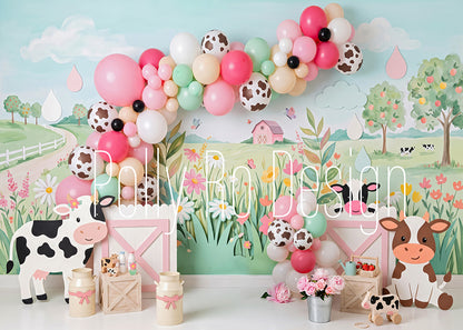 Avezano Pink Farm Cow Floral Photography Backdrop Designed By Polly Ro Design
