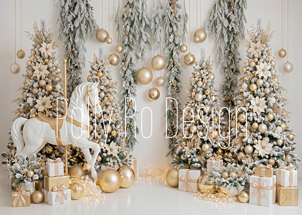 Avezano White Gold Carousel Horse Christmas Photography Backdrop Designed By Polly Ro Design