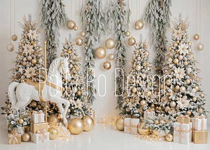Avezano White Gold Carousel Horse Christmas Photography Backdrop Designed By Polly Ro Design
