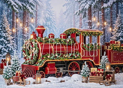 Avezano Snowy Forest Red Christmas Train Photography Backdrop Designed By Polly Ro Design