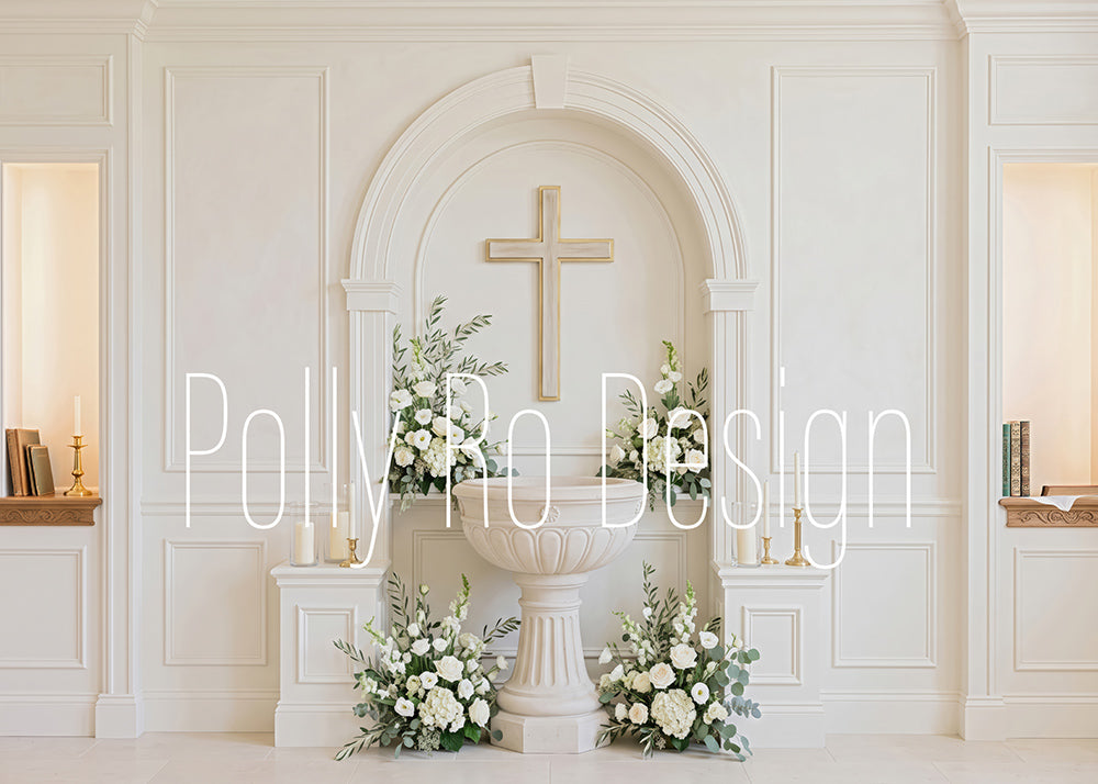 Avezano White Baptism Chapel Cross Photography Backdrop Designed By Polly Ro Design