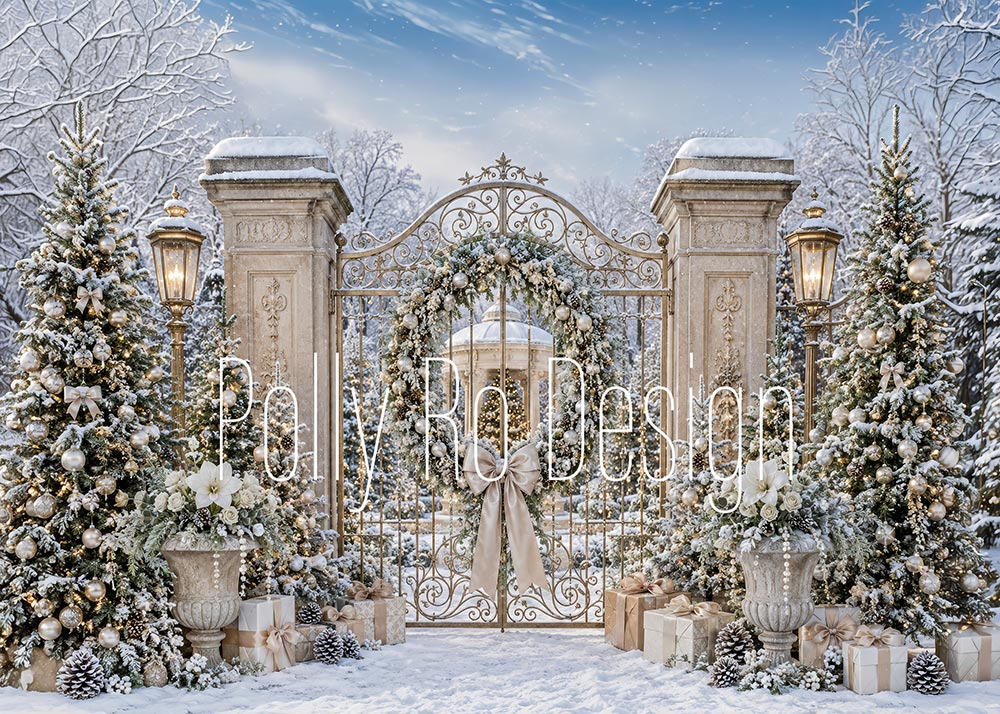 Avezano Snowy Winter Garden Gate Photography Backdrop Designed By Polly Ro Design
