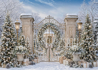 Avezano Snowy Winter Garden Gate Photography Backdrop Designed By Polly Ro Design