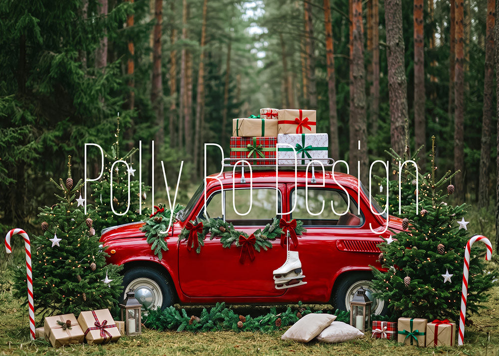 Avezano Forest Red Christmas Car Photography Backdrop Designed By Polly Ro Design