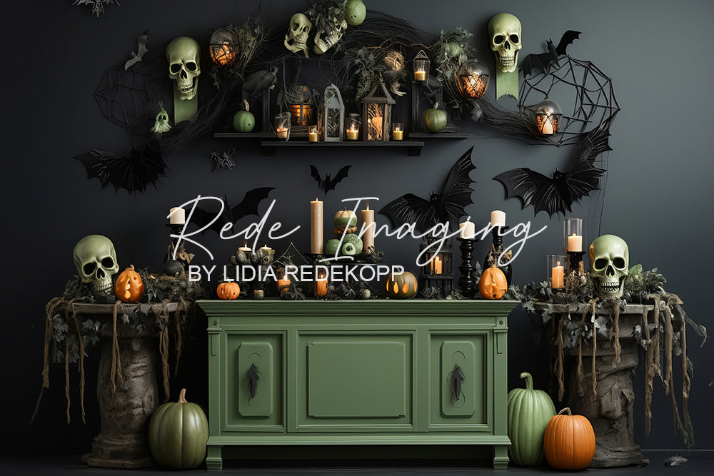 Avezano Green Skull Halloween Scene Photography Backdrop Designed By Lidia Redekopp