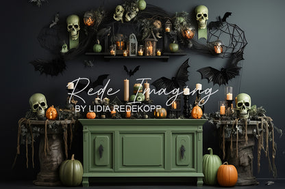Avezano Green Skull Halloween Scene Photography Backdrop Designed By Lidia Redekopp