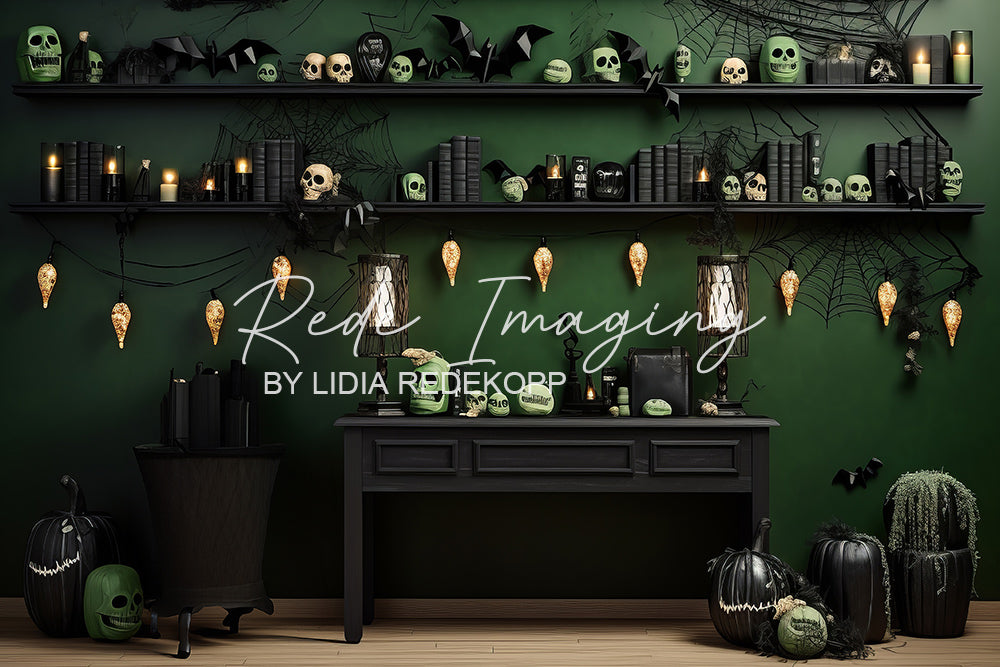 Avezano Dark Green Witch Library Halloween Photography Backdrop Designed By Lidia Redekopp