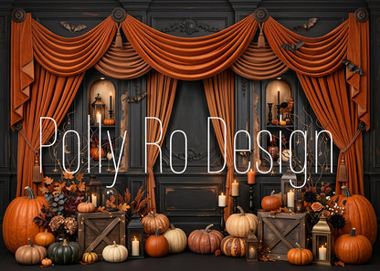 Avezano Vintage Curtain Pumpkin Halloween Photography Backdrop Designed By Polly Ro Design