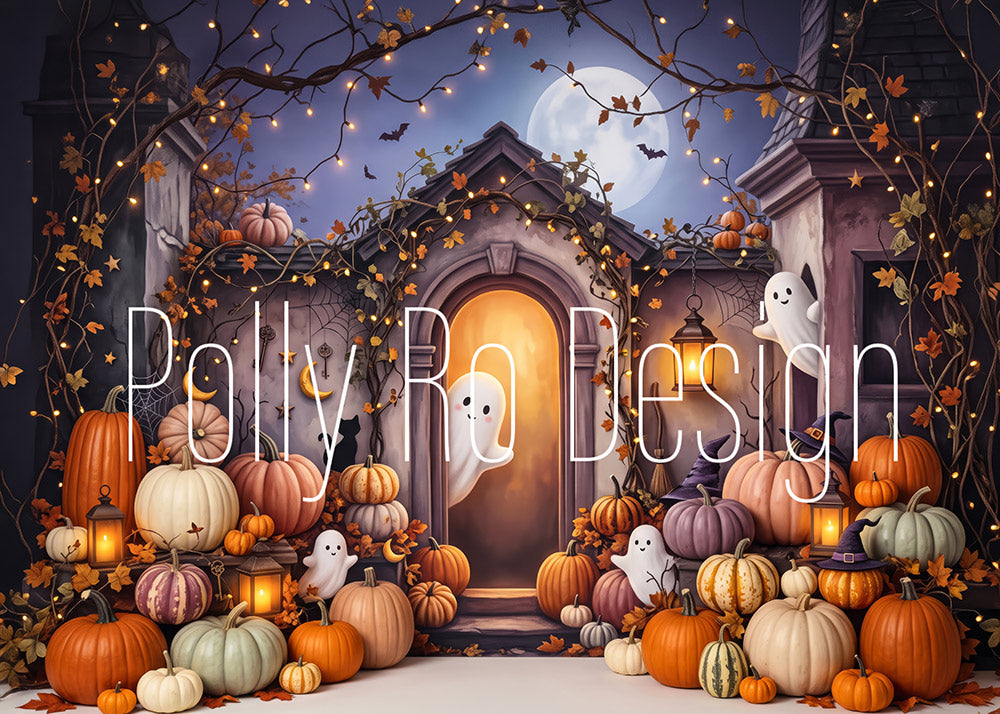 Avezano Cute Ghost Pumpkin House Halloween Photography Backdrop Designed By Polly Ro Design
