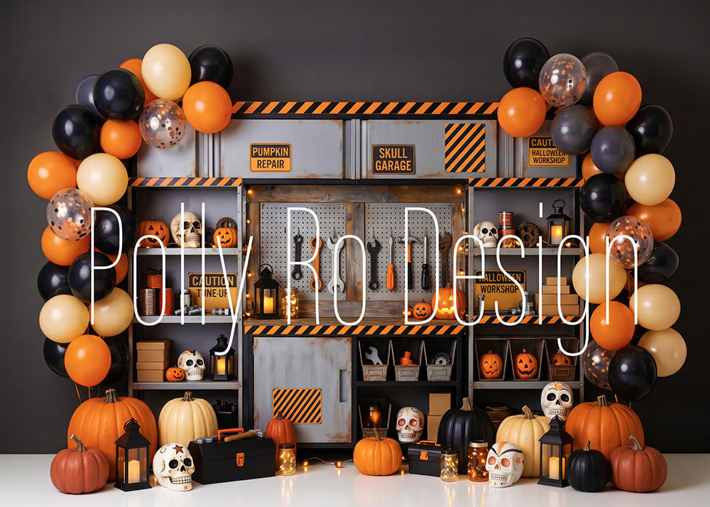 Avezano Pumpkin Garage Workshop Halloween Photography Backdrop Designed By Polly Ro Design