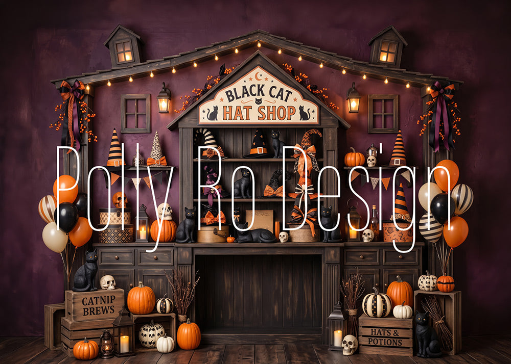 Avezano Black Cat Hat Shop Halloween Photography Backdrop Designed By Polly Ro Design