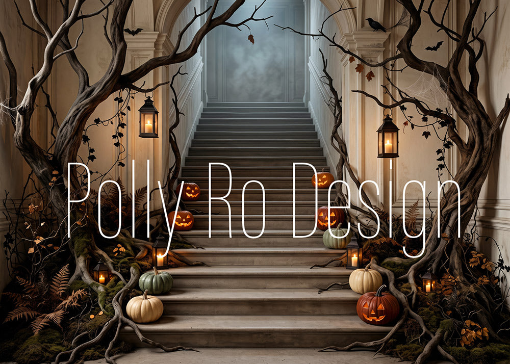 Avezano Haunted Staircase Pumpkin Photography Backdrop Designed By Polly Ro Design