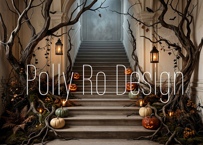 Avezano Haunted Staircase Pumpkin Photography Backdrop Designed By Polly Ro Design