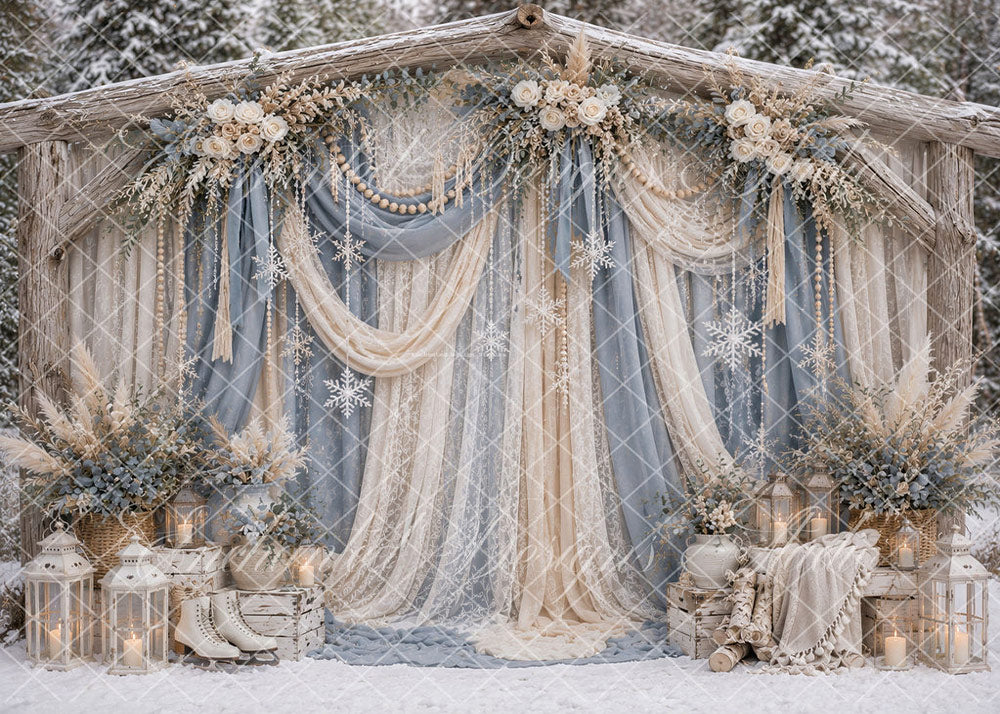 Avezano Boho Dusty Blue Winter Curtain Backdrop Designed By Enchanted Design Studio