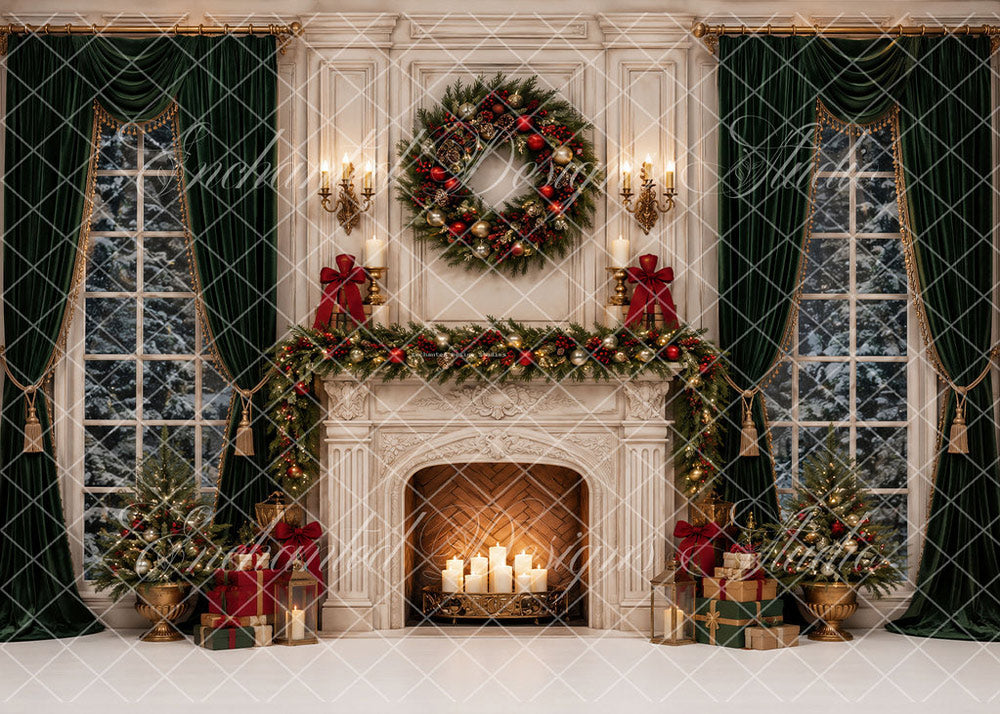 Avezano Classic Green Velvet Christmas Fireplace Backdrop Designed By Enchanted Design Studio