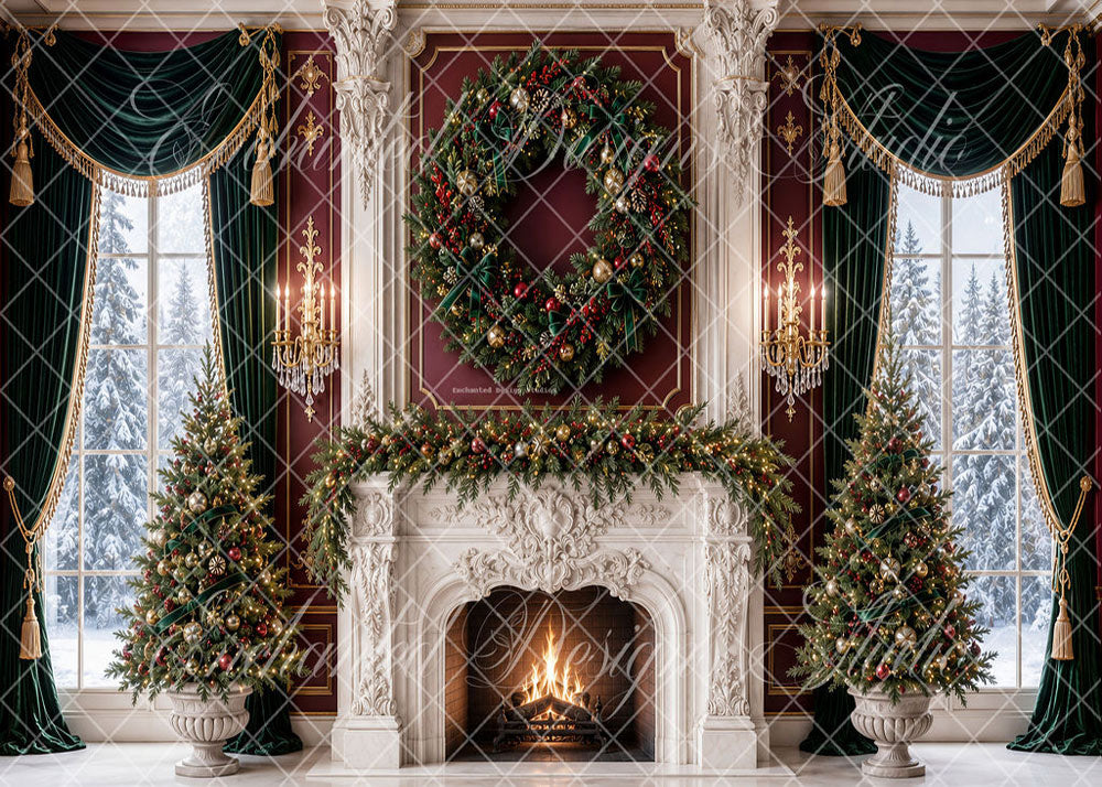 Avezano Burgundy Luxury Christmas Fireplace Backdrop Designed By Enchanted Design Studio