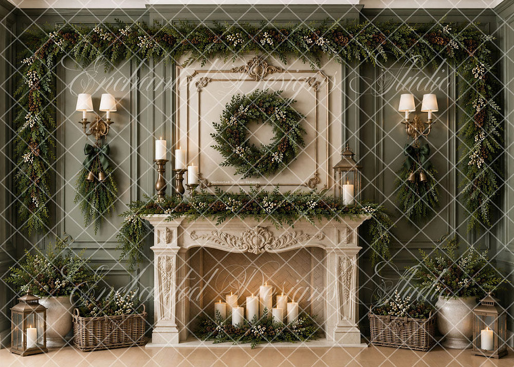 VIP Avezano Green Christmas Fireplace Photography Backdrop by Enchanted Design Studio