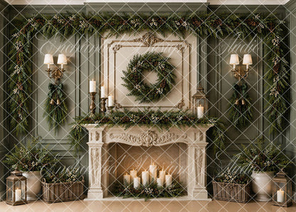VIP Avezano Green Christmas Fireplace Photography Backdrop by Enchanted Design Studio
