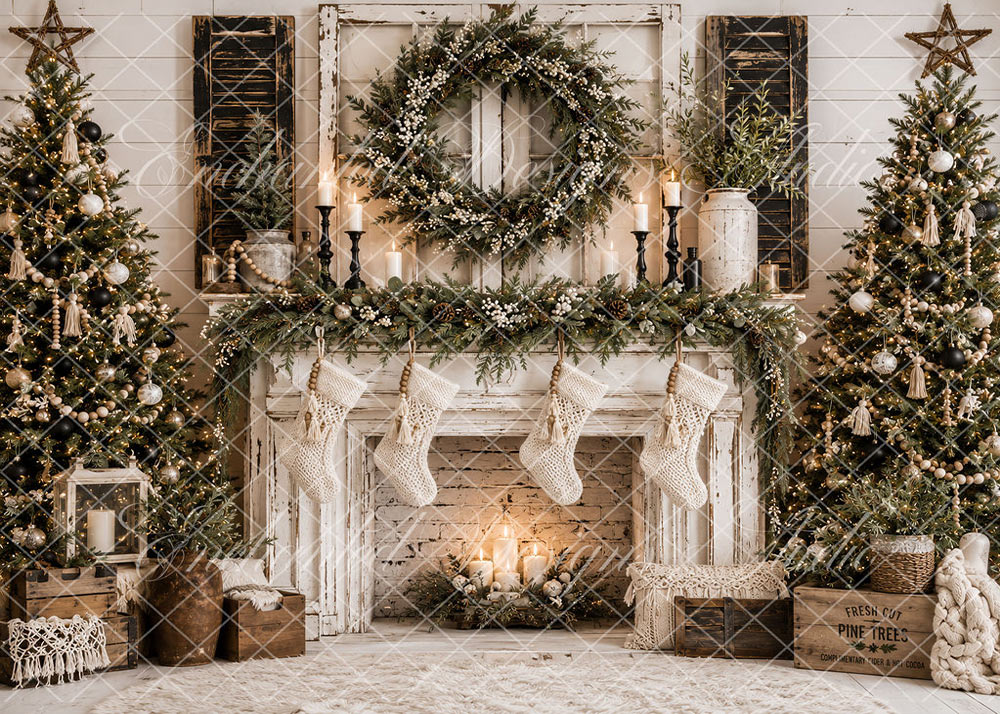 Avezano White Knit Stocking Fireplace Christmas Backdrop Designed By Enchanted Design Studio