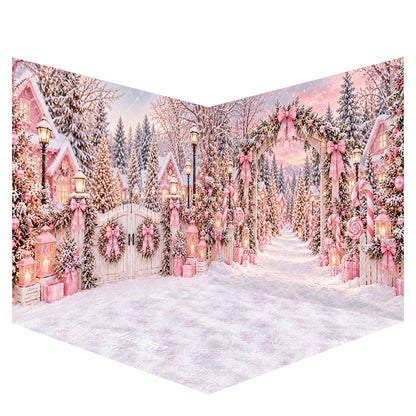 Avezano Pink Christmas Candy Cane Snowy Village Photography Backdrop Scene Room Set Designed By Enchanted Design Studio