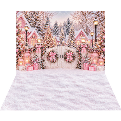 Avezano Pink Winter Snowy Cottage Christmas Gate 2 pcs Set Backdrop By Enchanted Design Studio