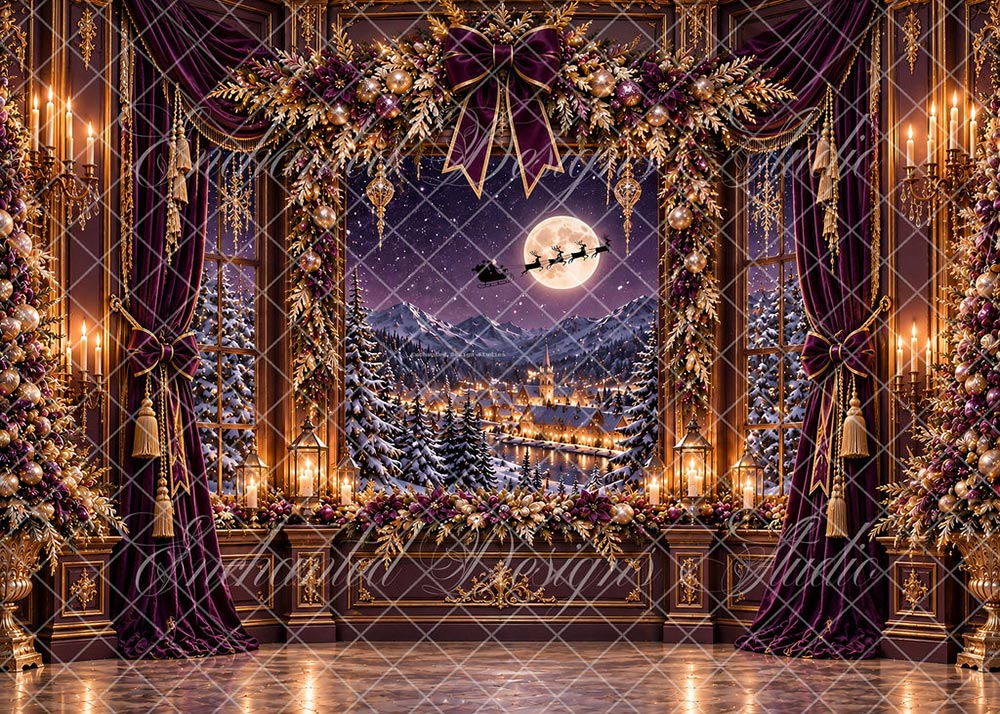 Avezano Luxury Purple Gold Christmas Window Santa View Backdrop Designed By Enchanted Design Studio