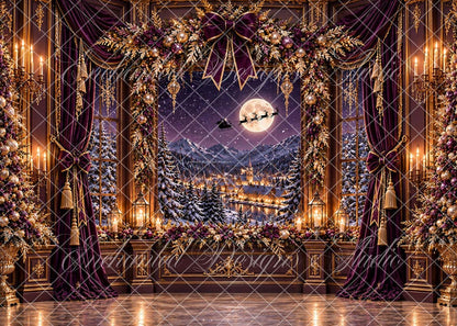 Avezano Luxury Purple Gold Christmas Window Santa View Backdrop Designed By Enchanted Design Studio