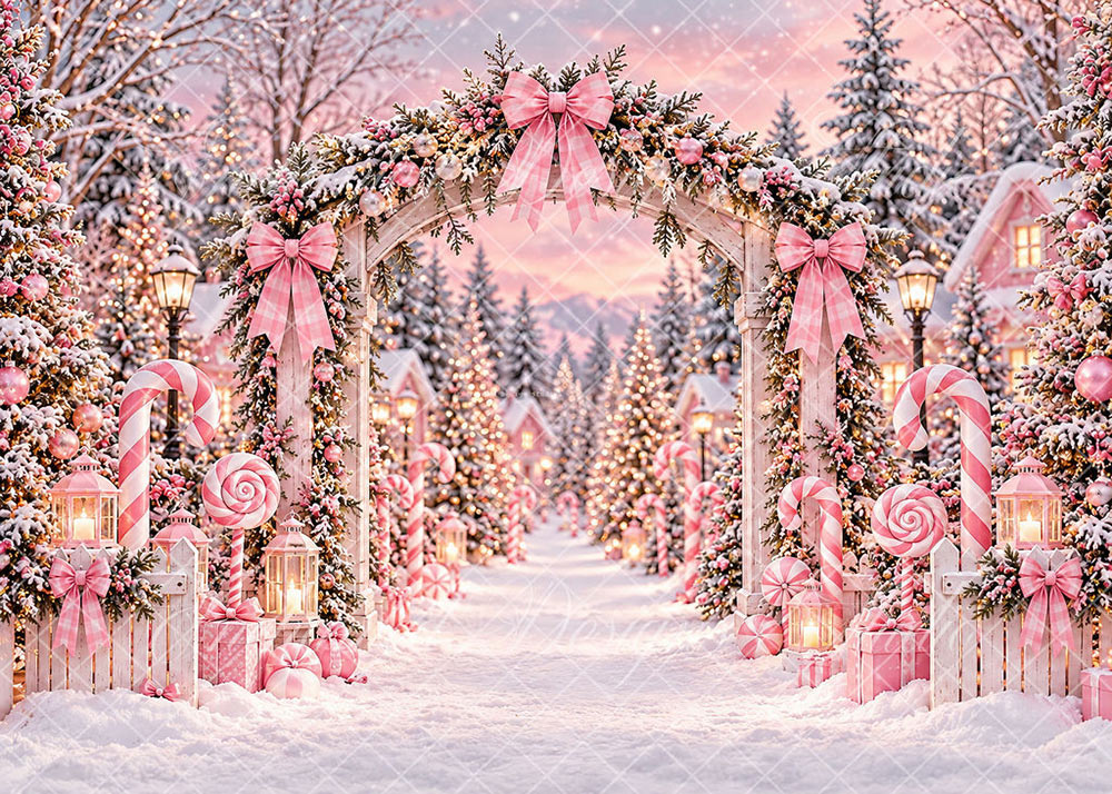Avezano Pink Christmas Candy Cane Snowy Village Photography Backdrop Scene Room Set Designed By Enchanted Design Studio
