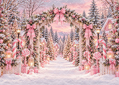 Avezano Pink Christmas Candy Cane Snowy Village Photography Backdrop Scene Room Set Designed By Enchanted Design Studio
