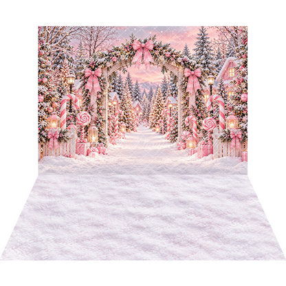 Avezano Pink Candy Cane Snowy Christmas Archway 2 pcs Set Backdrop By Enchanted Design Studio