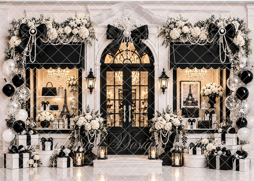 Avezano Black Bow Paris Boutique Pearl Floral Backdrop Designed By Enchanted Design Studio