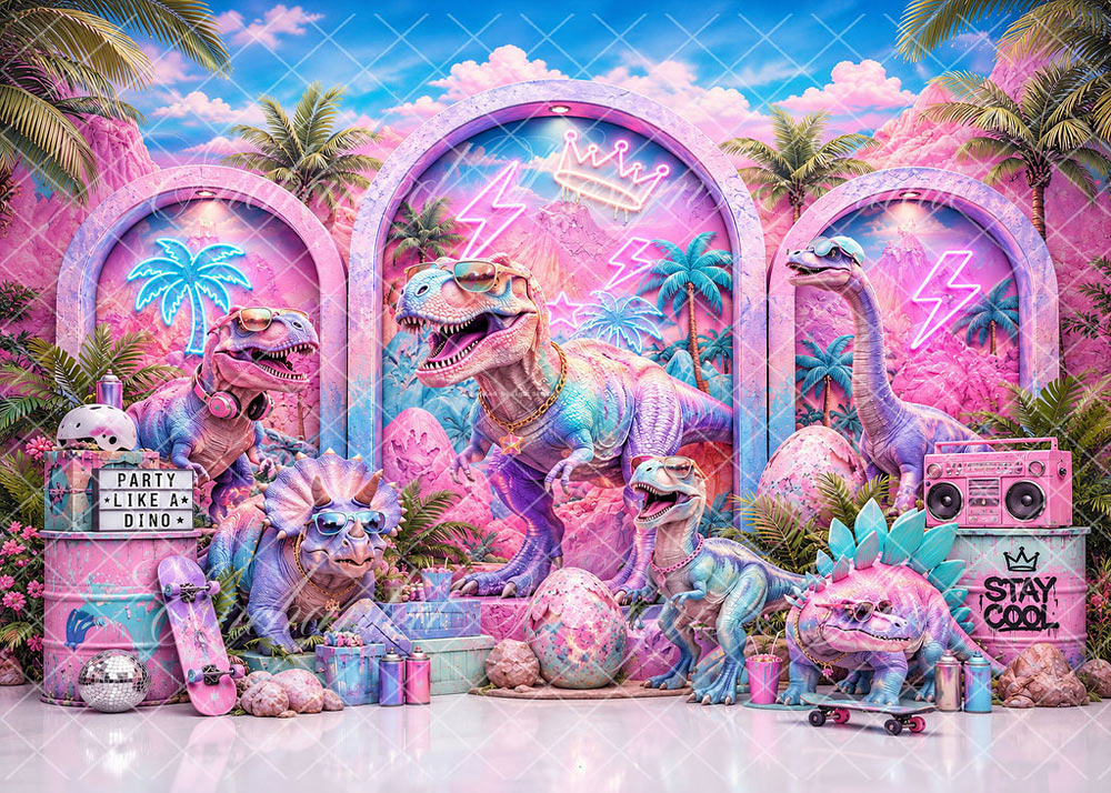 Avezano Pink Cool Dinosaur Neon Tropical Party Backdrop Designed By Enchanted Design Studio