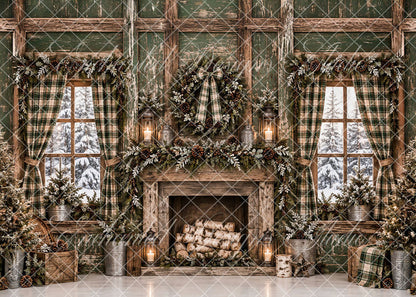 Avezano Vintage Green Plaid Fireplace Christmas Backdrop Designed By Enchanted Design Studio