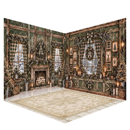 Avezano Rustic Plaid Green Wooden Cabin Fireplace Christmas Photography Backdrop Scene Room Set Designed By Enchanted Design Studio