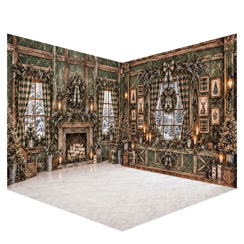 Avezano Vintage Green Wood Cabin Christmas With White Marble Floor Photography Backdrop Scene Room Set Designed By Enchanted Design Studio