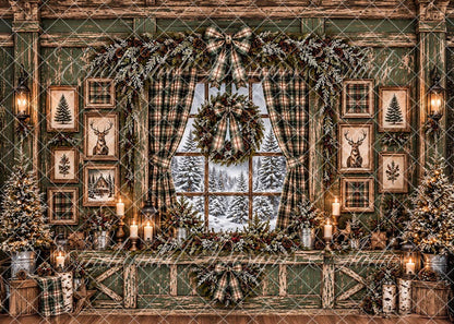 Avezano Rustic Plaid Green Wooden Cabin Fireplace Christmas Photography Backdrop Scene Room Set Designed By Enchanted Design Studio