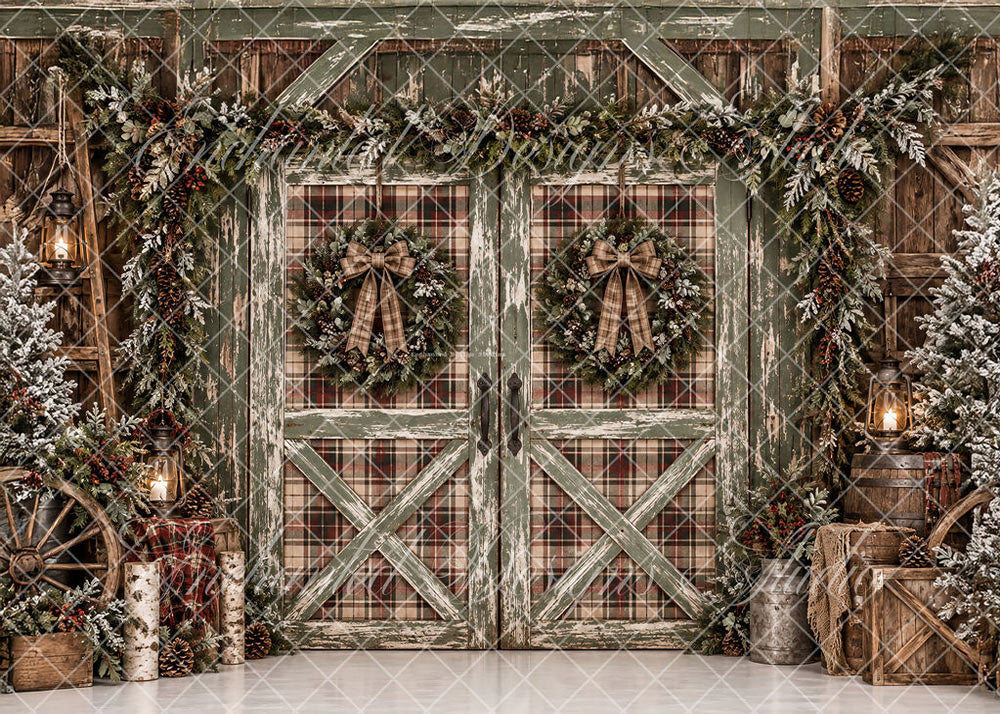 Avezano Rustic Green Barn Door Christmas Farmhouse Backdrop Designed By Enchanted Design Studio
