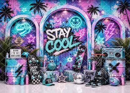 Avezano Neon Graffiti Skateboard Stay Cool Party Backdrop Designed By Enchanted Design Studio