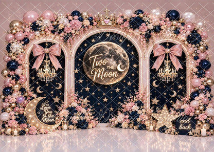 Avezano Two The Moon Navy Floral Birthday Backdrop Designed By Enchanted Design Studio