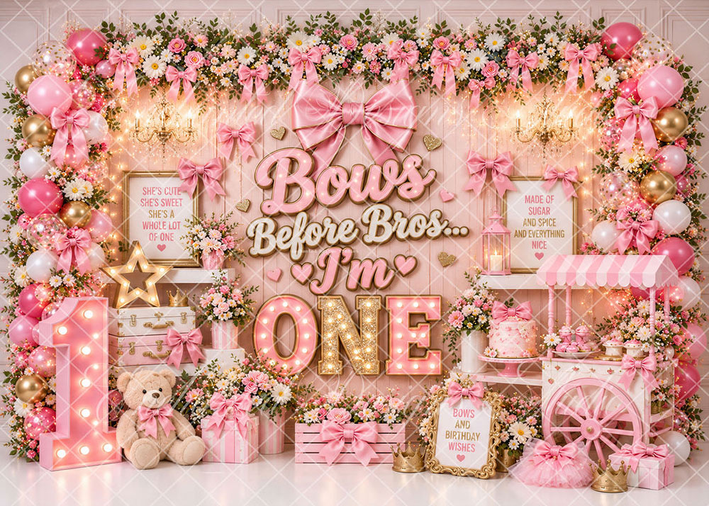 Avezano Bows Before Bros Pink Bow Floral One Birthday Backdrop Designed By Enchanted Design Studio