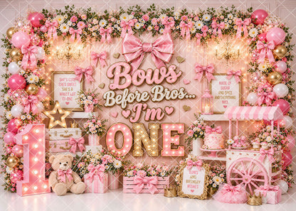 Avezano Bows Before Bros Pink Bow Floral One Birthday Backdrop Designed By Enchanted Design Studio