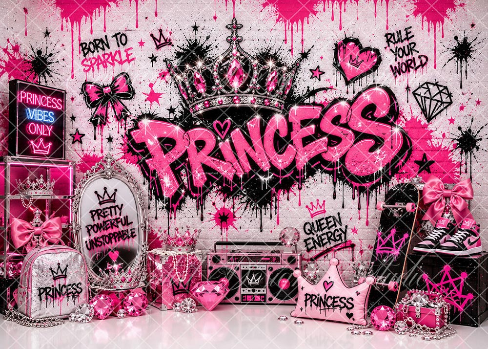 Avezano Pink Graffiti Princess Crown Birthday Backdrop Designed By Enchanted Design Studio