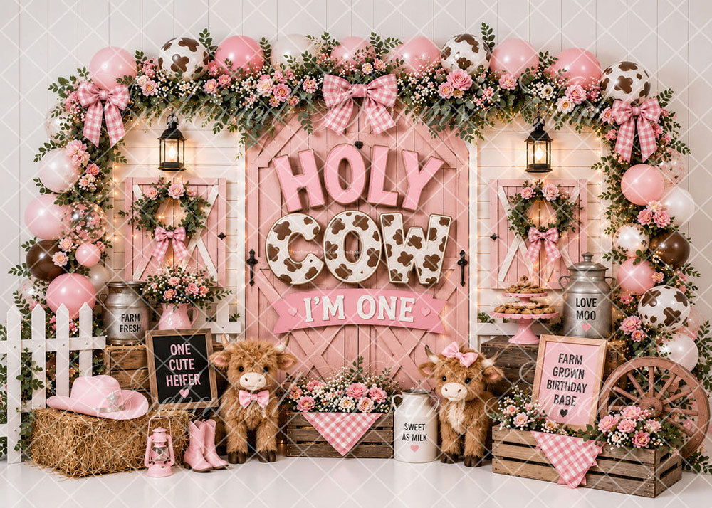 Avezano Holy Cow I'm One Pink Highland Cow Farm Birthday Backdrop Designed By Enchanted Design Studio