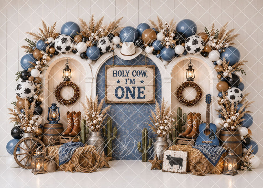 Avezano Holy Cow I'm One Blue Western Cowboy Farm Backdrop Designed By Enchanted Design Studio