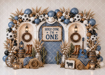 Avezano Holy Cow I'm One Blue Western Cowboy Farm Backdrop Designed By Enchanted Design Studio