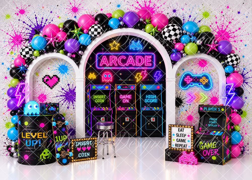 Avezano Retro Arcade Game Neon Birthday Backdrop Designed By Enchanted Design Studio