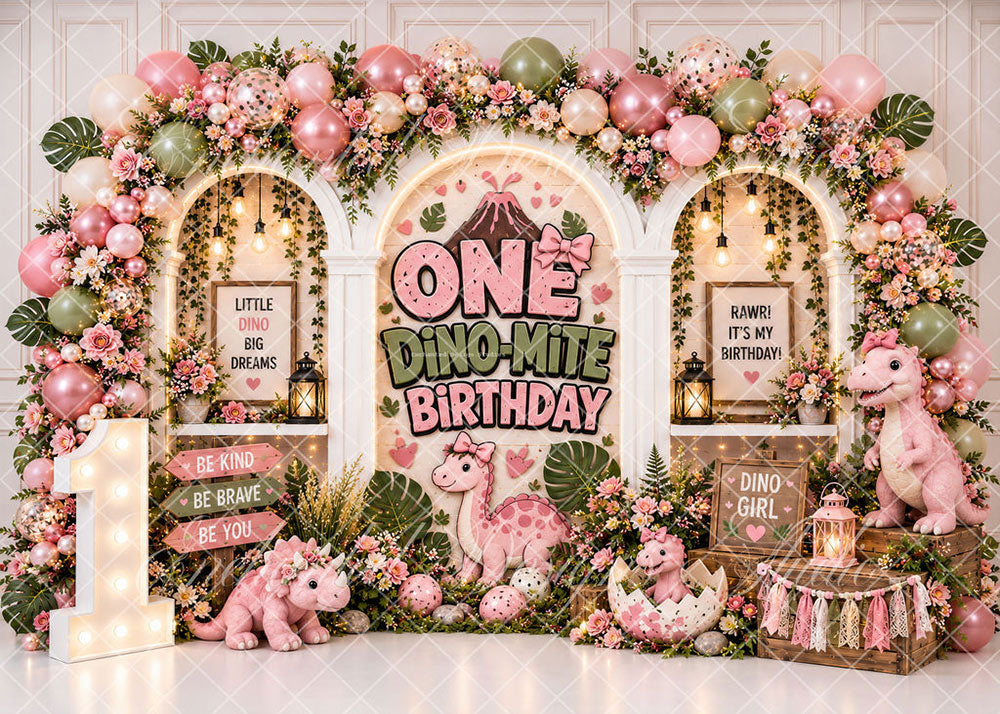 Avezano Pink Dino Girl Dino-Mite First Birthday Backdrop Designed By Enchanted Design Studio