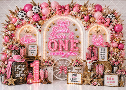 Avezano Pink Cowgirl Boots Bows One Birthday Backdrop Designed By Enchanted Design Studio
