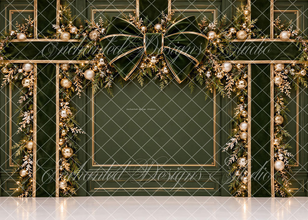 Avezano Dark Green Velvet Bow Gold Ornament Christmas Backdrop Designed By Enchanted Design Studio
